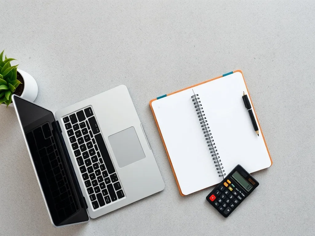 A high-angle shot of a minimalist workspace with a laptop, a