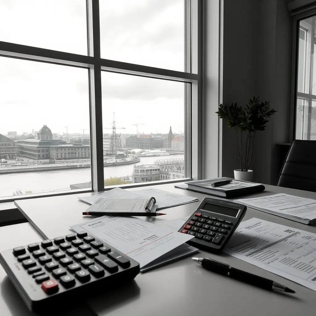 A professional office desk in Antwerp with a calculator, tax